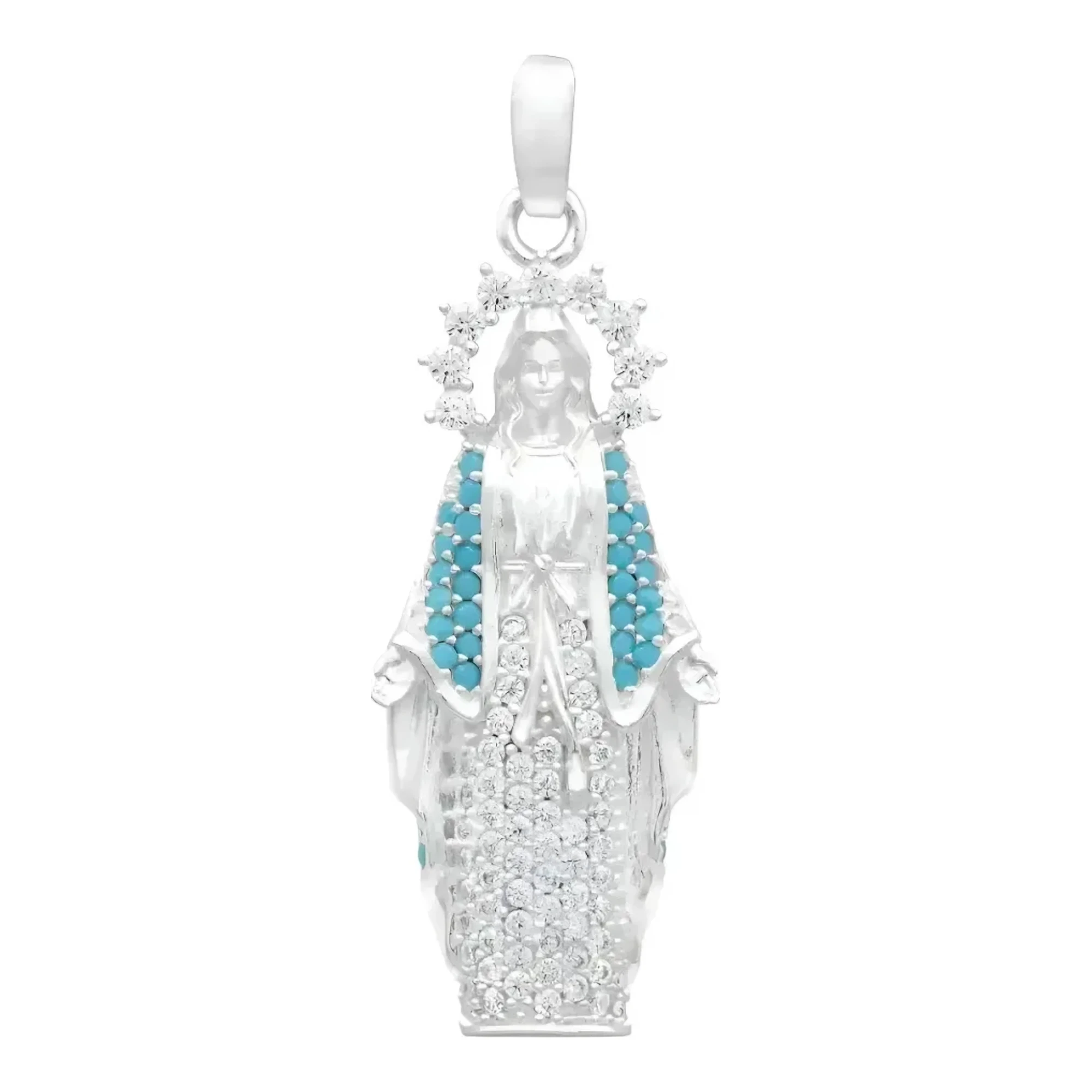 Dije Virgen de la Medalla Milagrosa en plata .925 con zirconias celestes engastadas y acabado liso para cadena de mujer