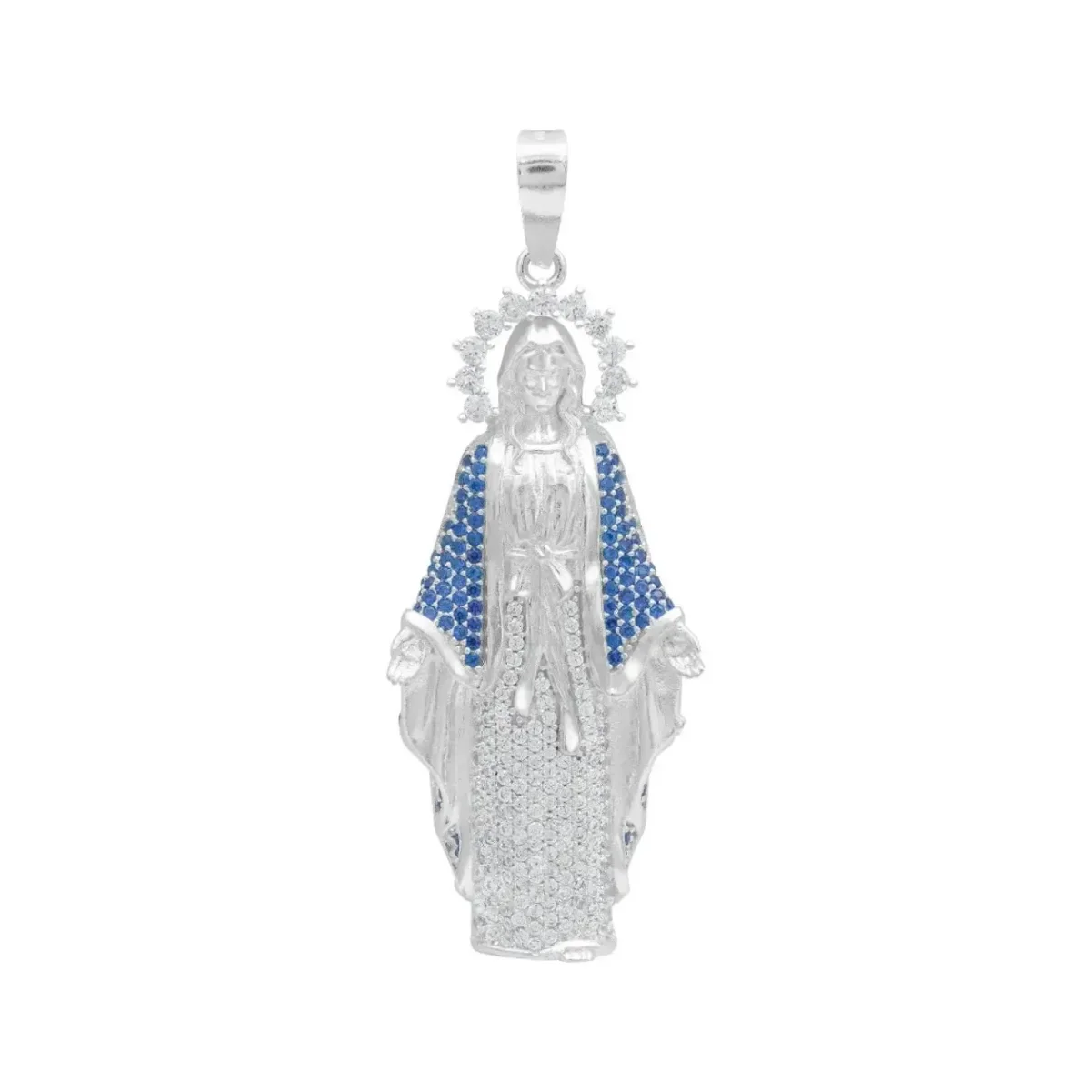 Dije Virgen Milagrosa Plata .925 con zirconias finas, medalla ovalada, tono plateado brillante, joyería religiosa moderna mex