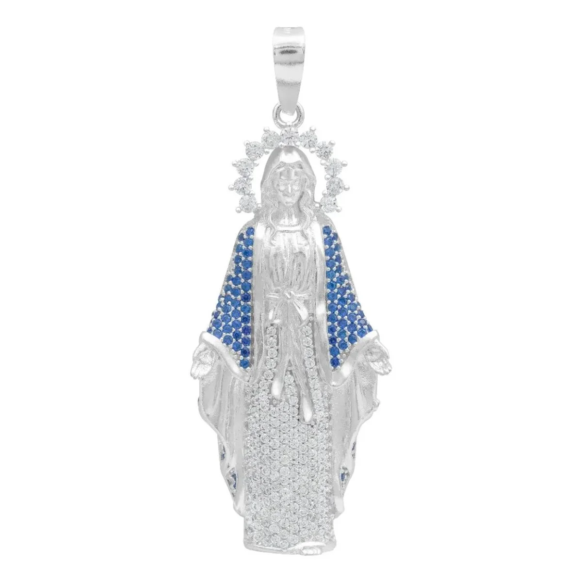Dije Medalla Milagrosa Plata .925 con zirconias finas, diseño religioso ovalado, tono plateado brillante, joyería católica.