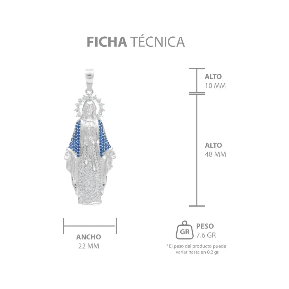 Dije Virgencita Milagrosa Plata .925 con Zirconias Finas - Imagen 7