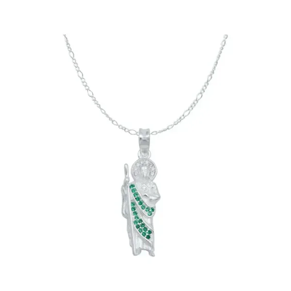 Dije y Cadena Plata 925 San Judas Tadeo con Zirconia Verde - Imagen 1