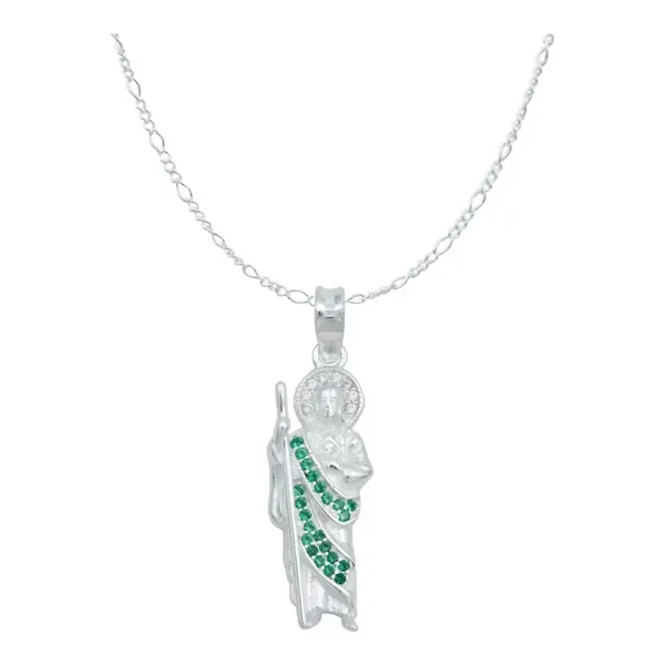 Dije y Cadena Plata 925 San Judas Tadeo con Zirconia Verde - Imagen 1