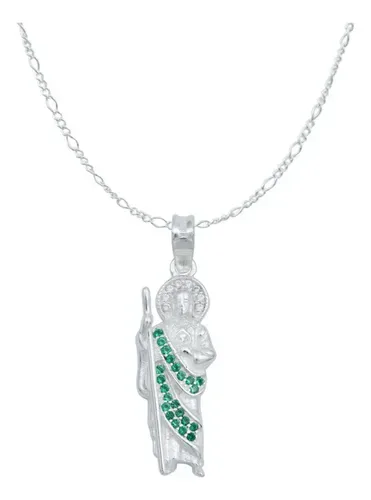 Dije y Cadena Plata 925 San Judas Tadeo con Zirconia Verde - Imagen 1
