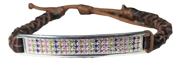 Pulsera Esclava Plata 925 Cuero Multicolor Zirconias Ajustable - Imagen 1