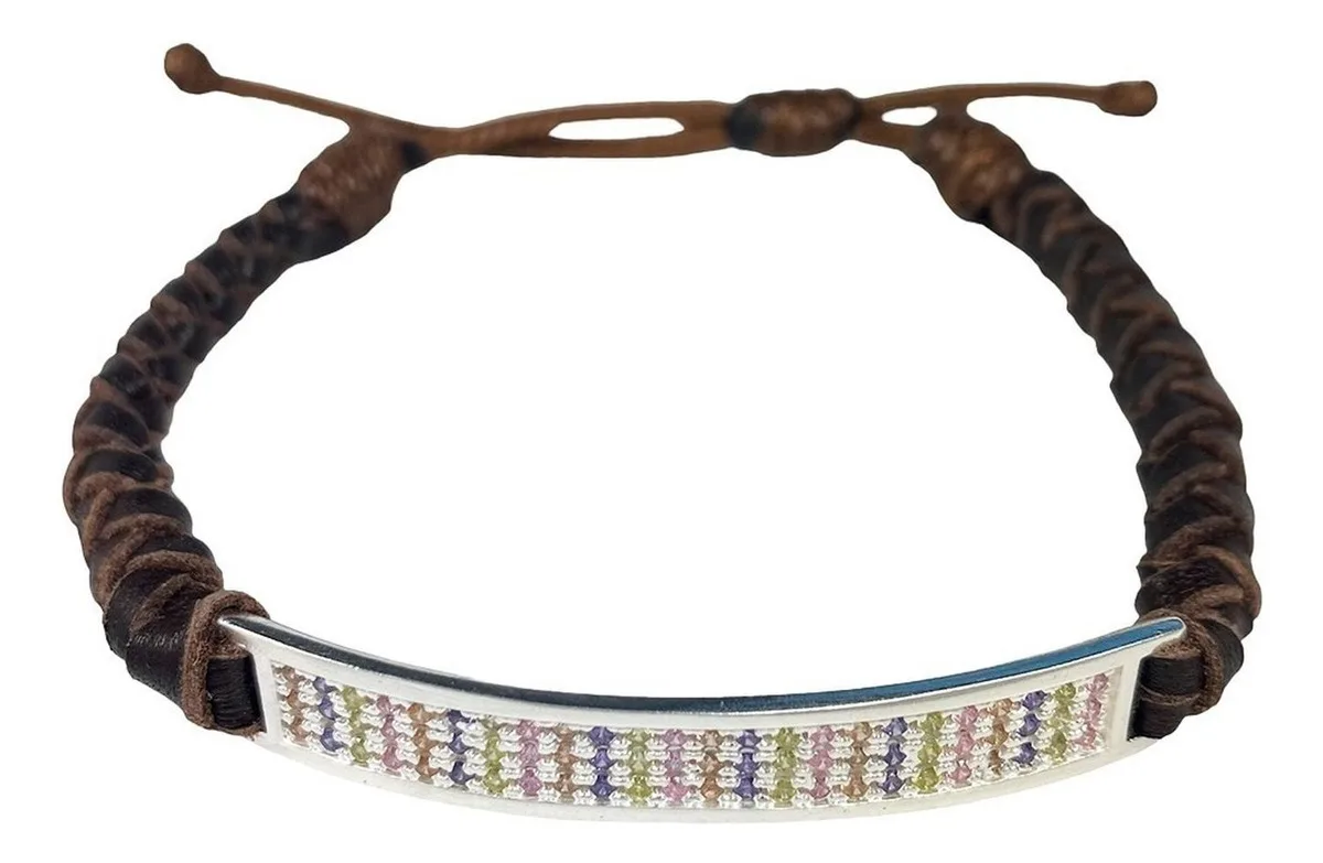 Pulsera Esclava Plata 925 Cuero Multicolor Zirconias Ajustable - Imagen 2