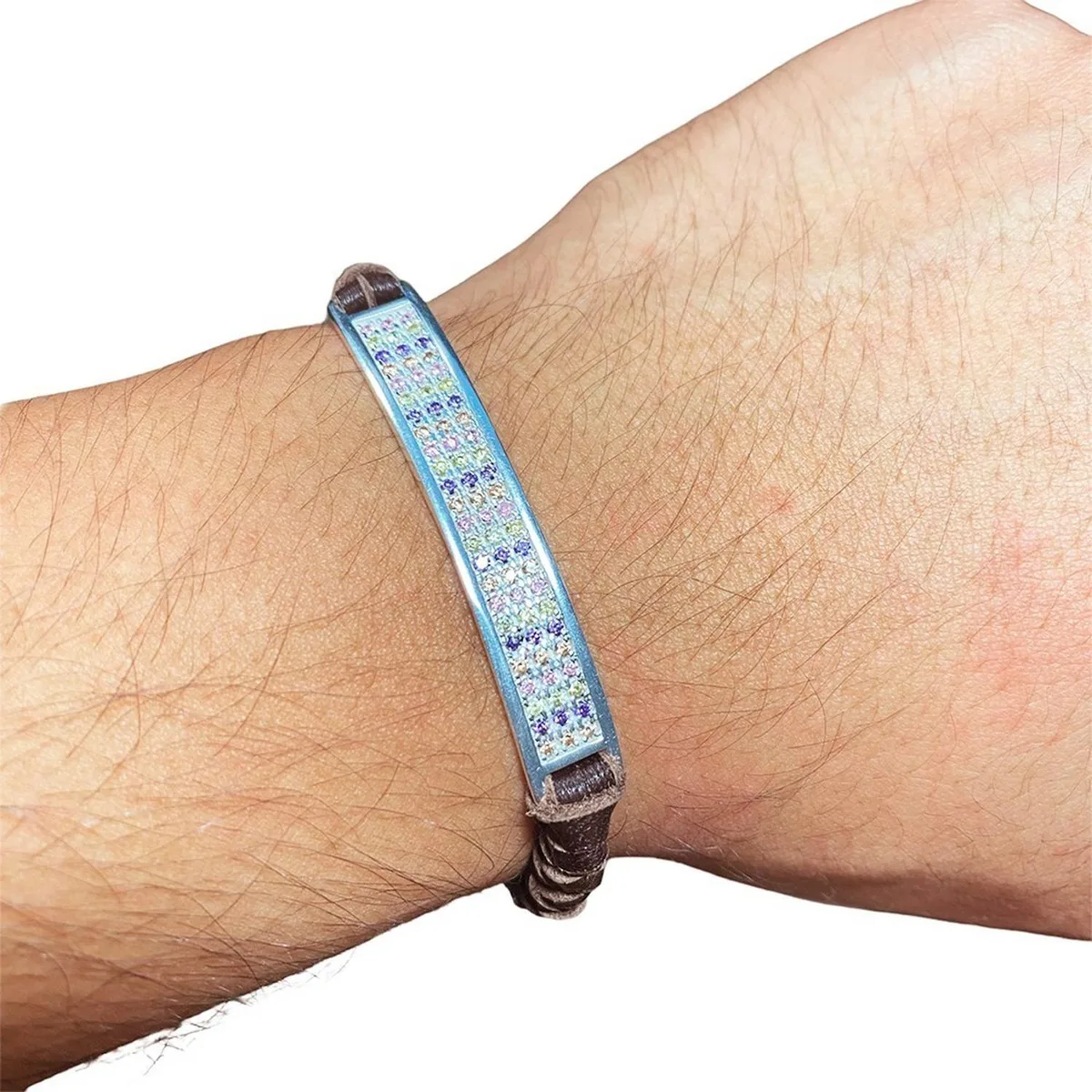 Pulsera Esclava Plata 925 Cuero Multicolor Zirconias Ajustable - Imagen 4