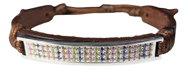 Esclava Plata 925 Cuero Multicolor con Zirconias Ajustable Unisex - Imagen 1