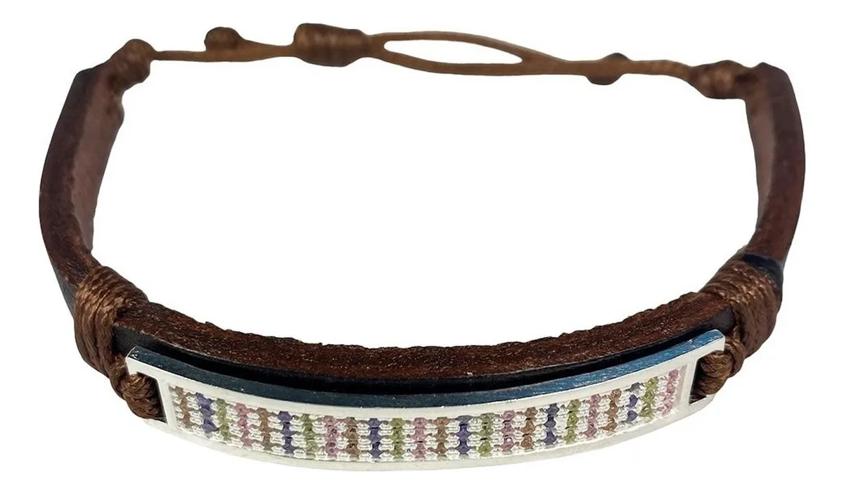 Esclava Plata 925 Cuero Multicolor con Zirconias Ajustable Unisex - Imagen 2