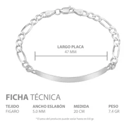 Esclava Plata 925 Cadena Fígaro Placa Lisa para Hombre 20cm - Imagen 6