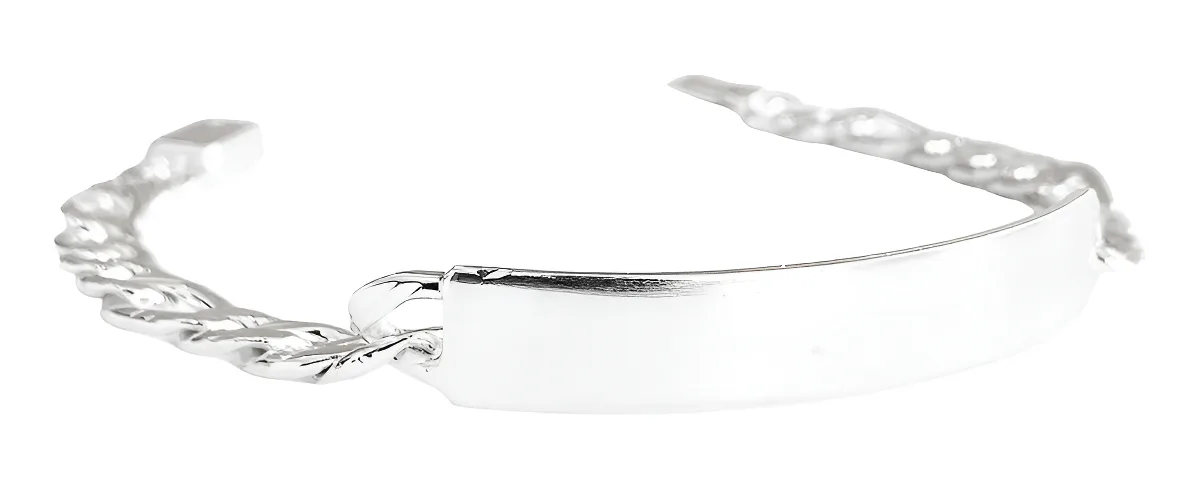 Esclava Plata 925 Hombre, pulsera gruesa maciza con eslabón diamantado y placa lisa. Joyería masculina de plata plateada bril