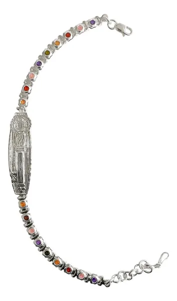 Esclava de plata .925 con zirconias multicolor Placa San Benito ajustable — Joyaris
