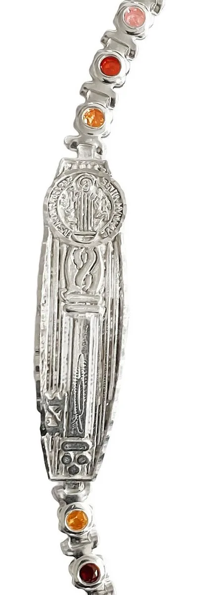 Esclava de plata .925 con zirconias multicolor Placa San Benito ajustable — Joyaris