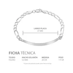 Esclava Plata 925 Cadena Fígaro Placa Lisa para Hombre 20cm - Imagen 6