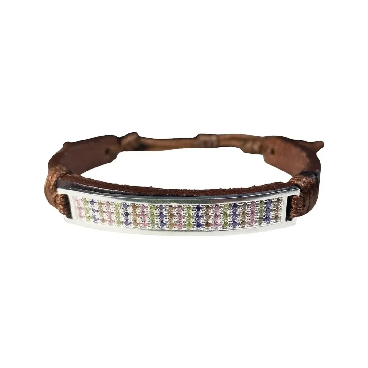Esclava Plata 925 unisex, pulsera de plata 925 con zirconias, cuero multicolor trenzado. Brazalete ajustable, joya artesanal.