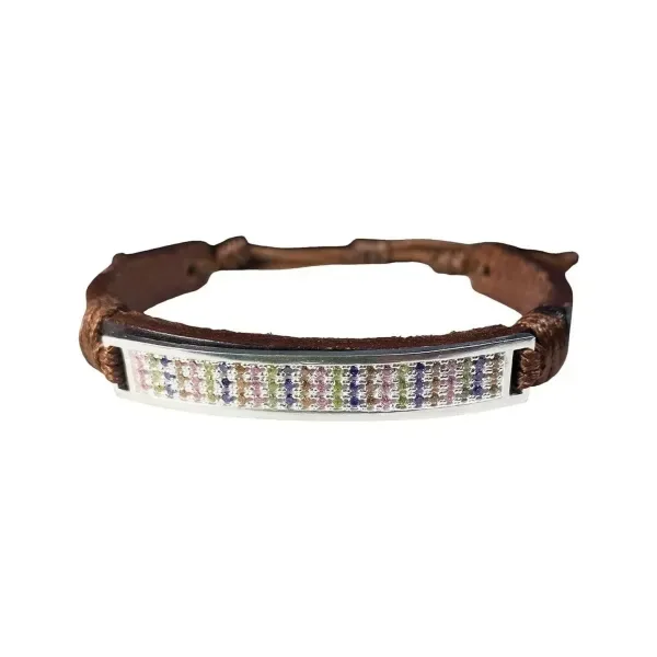 Esclava Plata 925 Cuero Multicolor con Zirconias Ajustable Unisex - Imagen 1