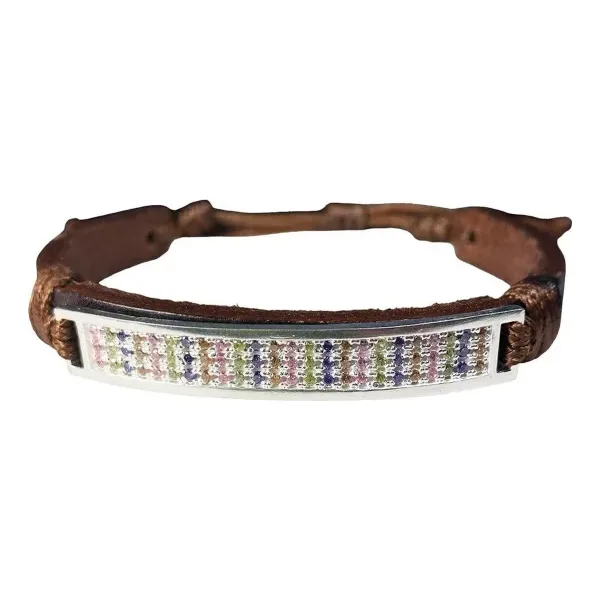 Esclava Plata 925 Cuero Multicolor con Zirconias Ajustable Unisex - Imagen 1