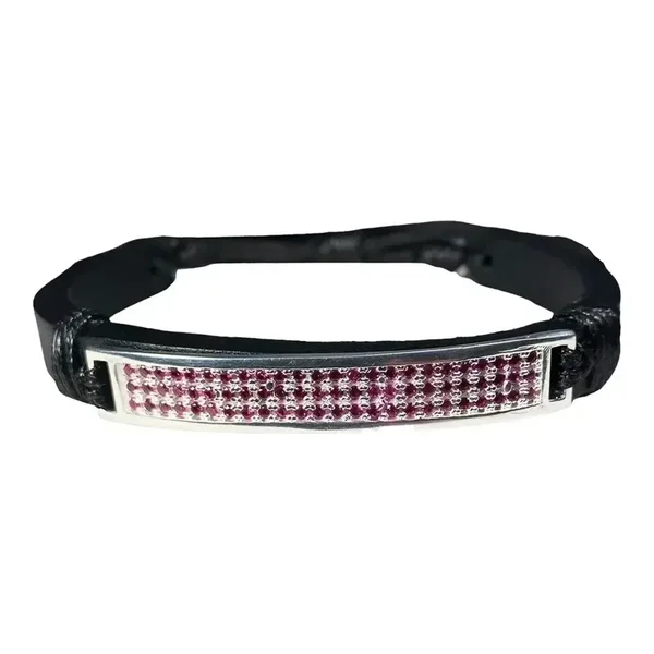 Esclava de plata .925 violeta zirconias ajustable unisex de cuero — Joyaris