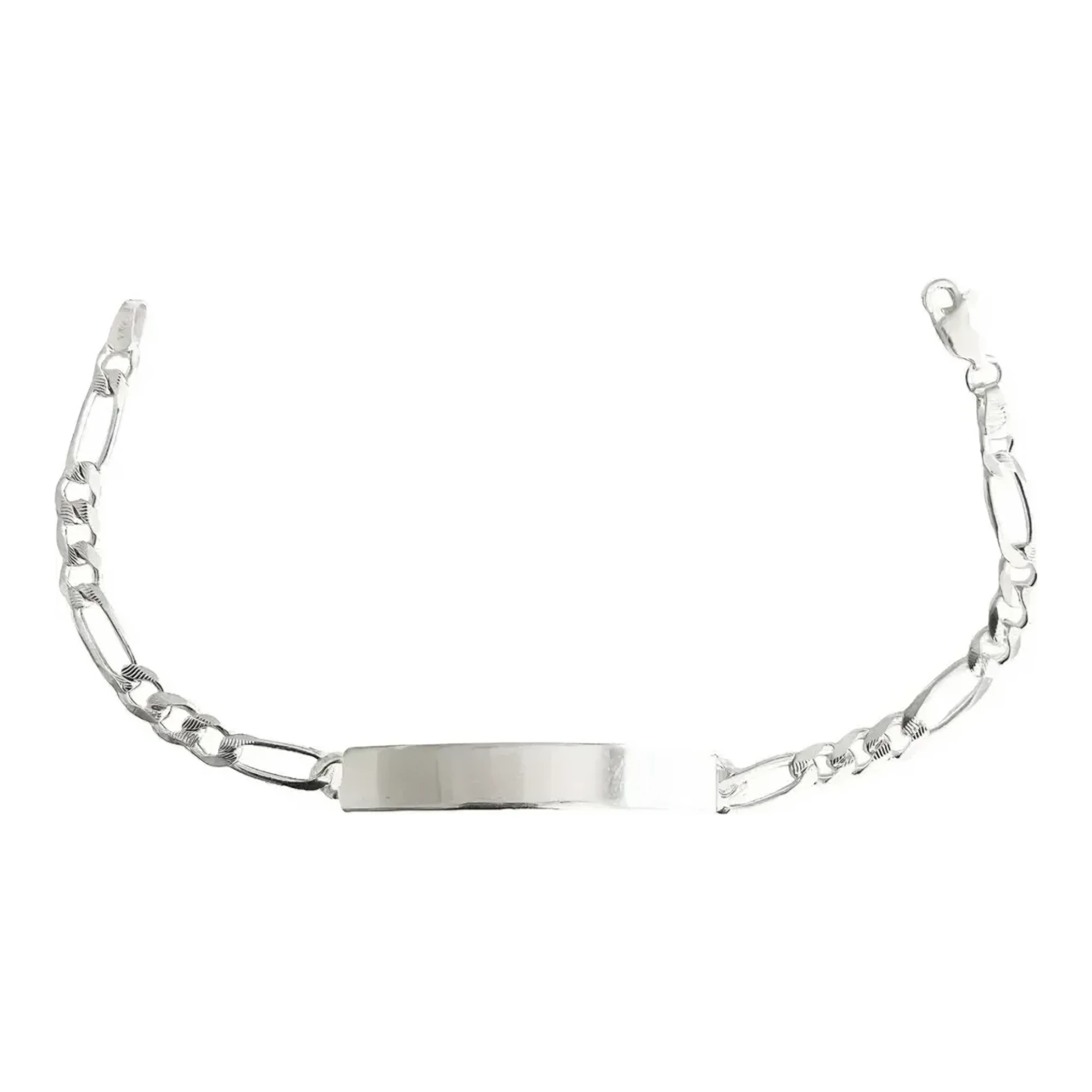 Esclava de plata 925 hombre modelo figaro 3x1 diamantada con placa rectangular lisa y broche perico en brillo natural de