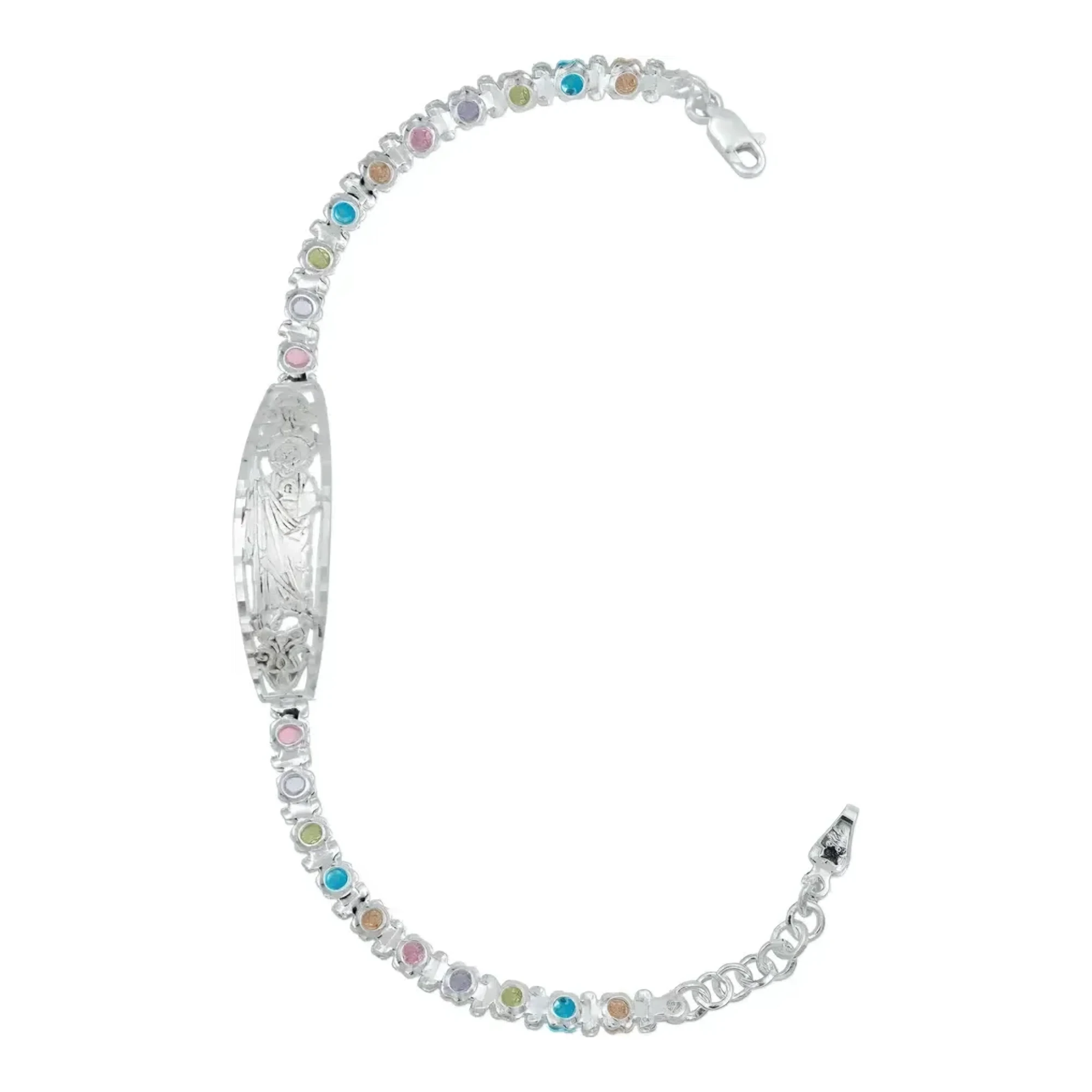 Esclava de san judas con piedras multicolor en plata .925, placa ovalada con imagen religiosa y broche perico seguro.