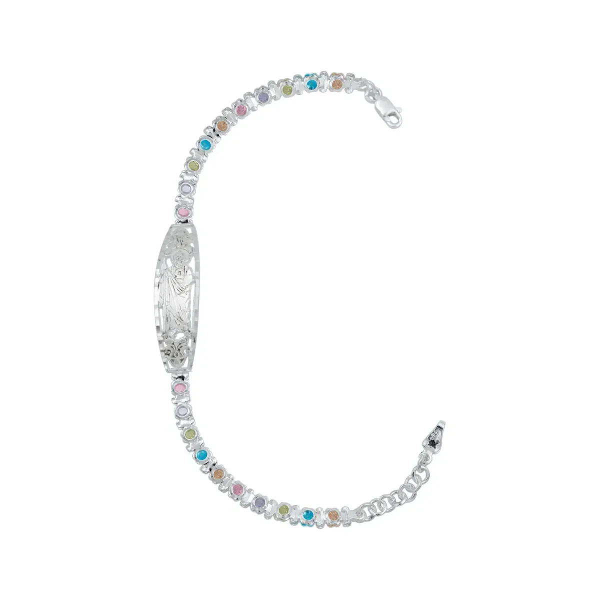 Esclava Plata .925 San Judas Tadeo multicolor ajustable. Pulsera de plata auténtica con placa ovalada, joyería de protección.