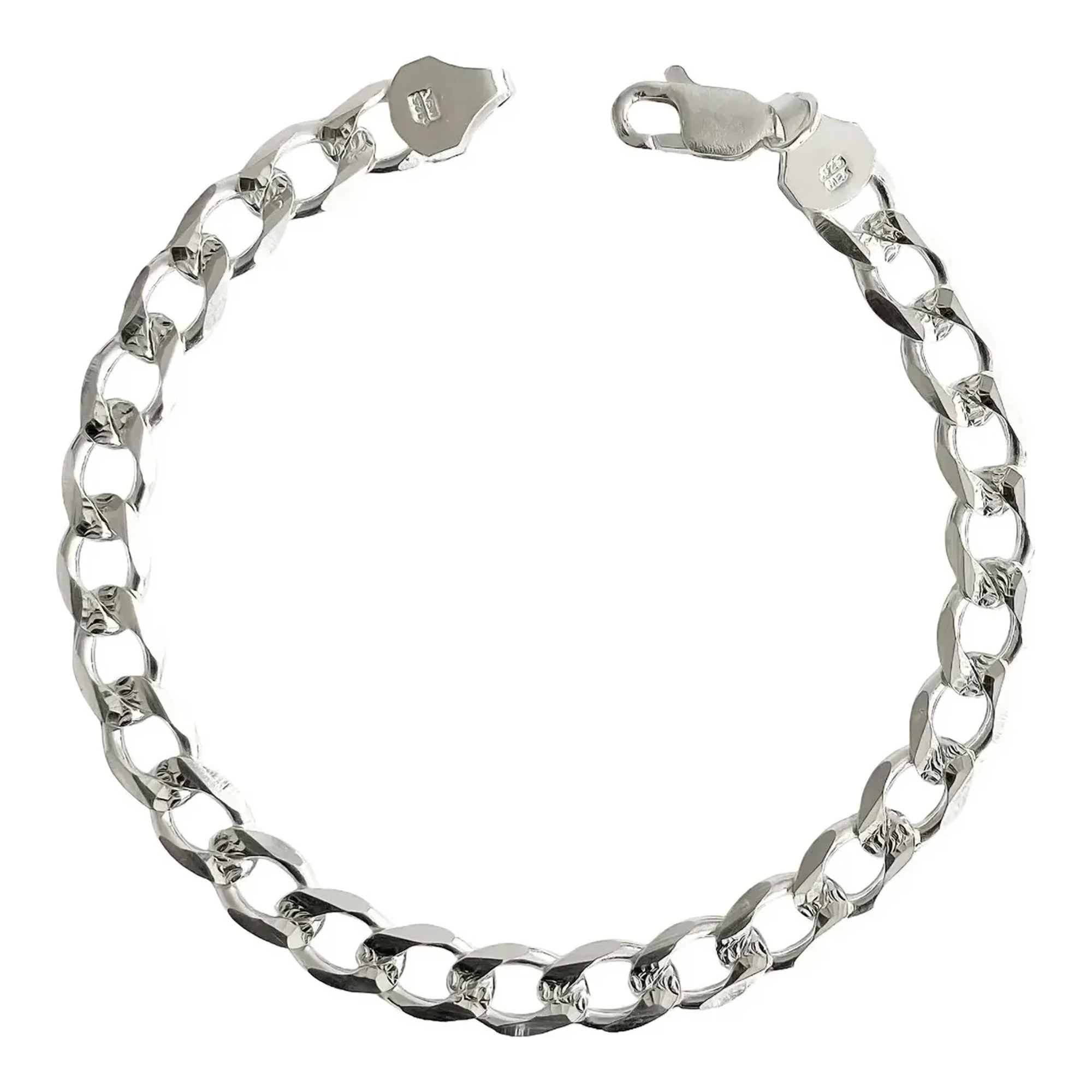 Esclava cubana diamantada para hombre en plata ley .925 de 7 mm con broche de perico y eslabones barbados de brillo plateado