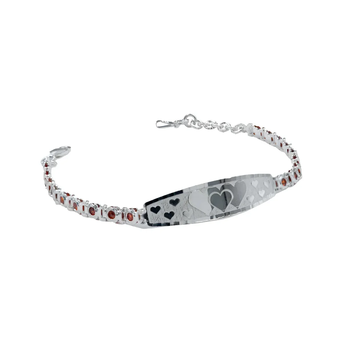 Esclava Pulsera Plata .925 con dije de corazón y placa ovalada de zirconias naranja vibrante, ajustable. Joyería minimalista