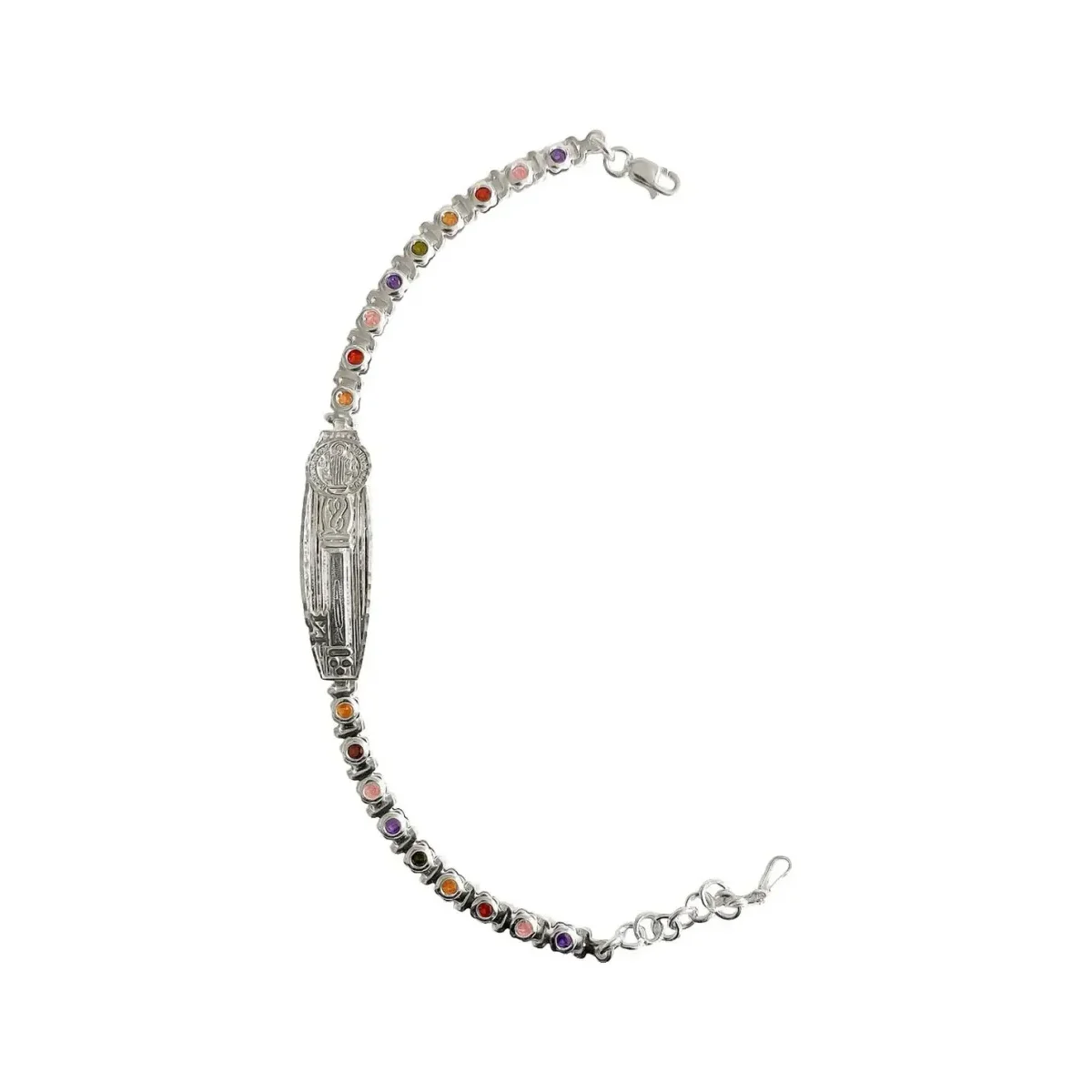 Esclava Pulsera Plata .925 San Benito ajustable, medalla ovalada con zirconias multicolor. Joyería religiosa de protección.