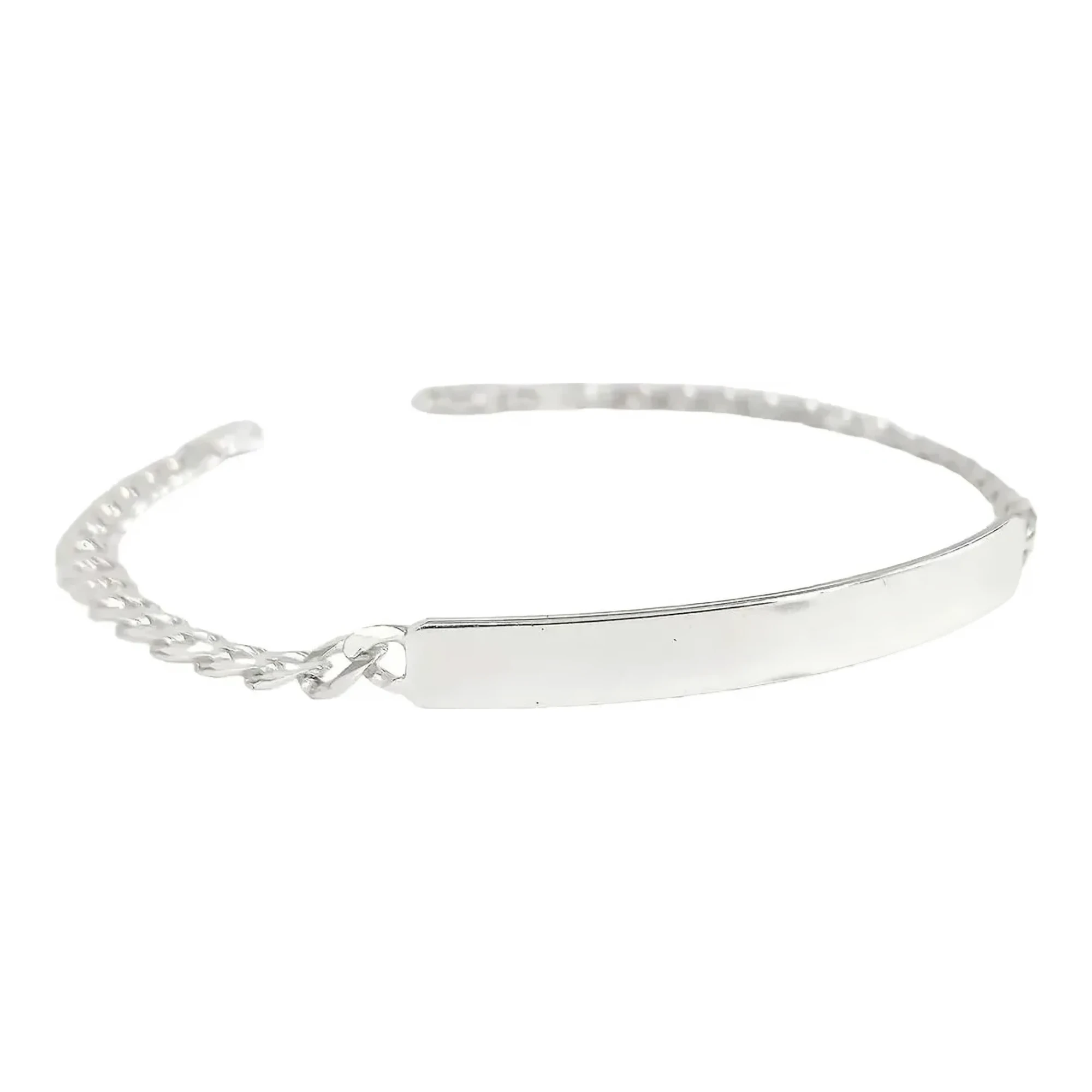 Pulsera esclava de plata 925 para hombre, tejido barbada cubana, placa rectangular lisa brillante. Joyería masculina plata .9