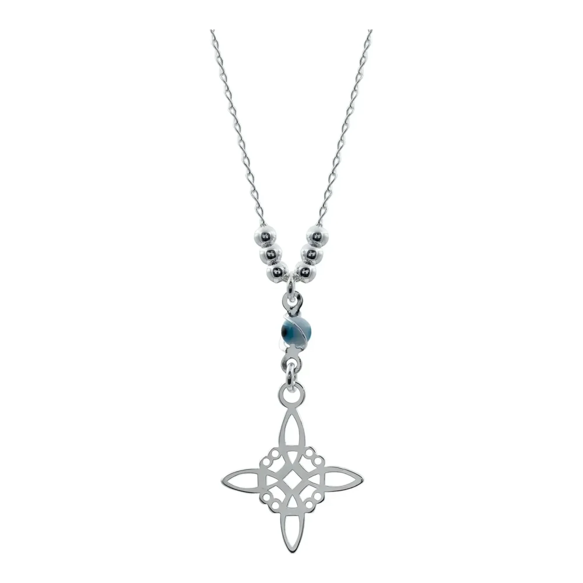 Gargantilla de plata .925 mexicana con dije nudo de bruja calado y piedra zirconia azul centro de ojo turco protector liso