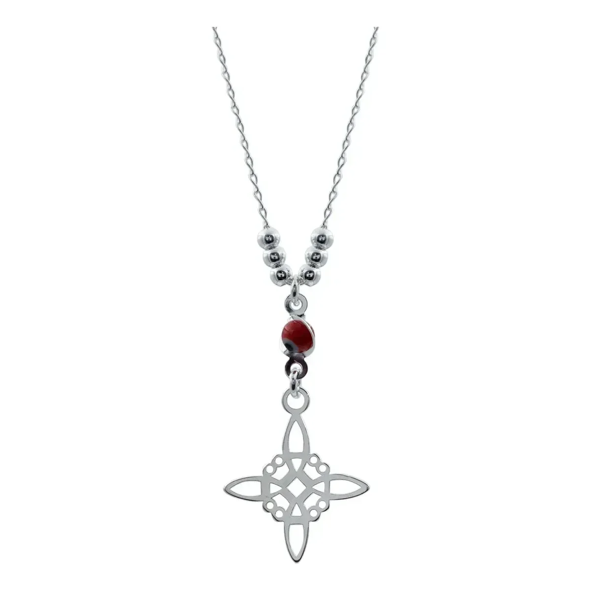 Gargantilla Plata Ley .925 Nudo de Bruja Ojo Turco Rojo ajustable, joyería de autor mexicana con colgante de protección.