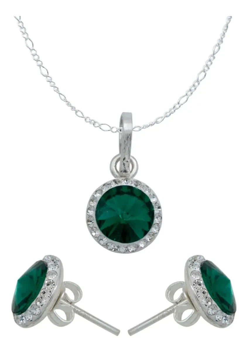 Juego de Collar Dije y Aretes Plata 925 con Cristal Verde - Joyaris joyería fina mexicana
