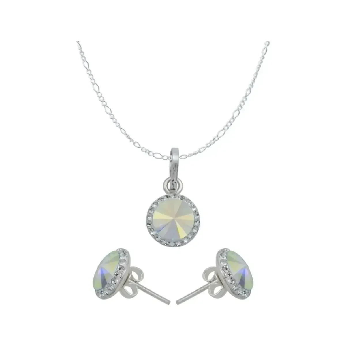 Juego de collar, dije y aretes de Plata .925 nacional con cristal ovalado blanco. Joyería artesanal mexicana, set de joyas co