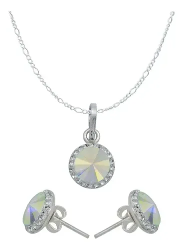 Juego de Collar Dije Aretes Plata 925 con Cristal Ovalado Blanco - Imagen 1