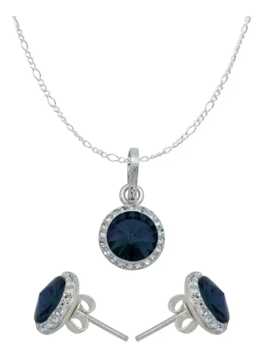 Juego de collar y aretes de plata ley .925 con dije de cristal azul para mujer - Joyaris