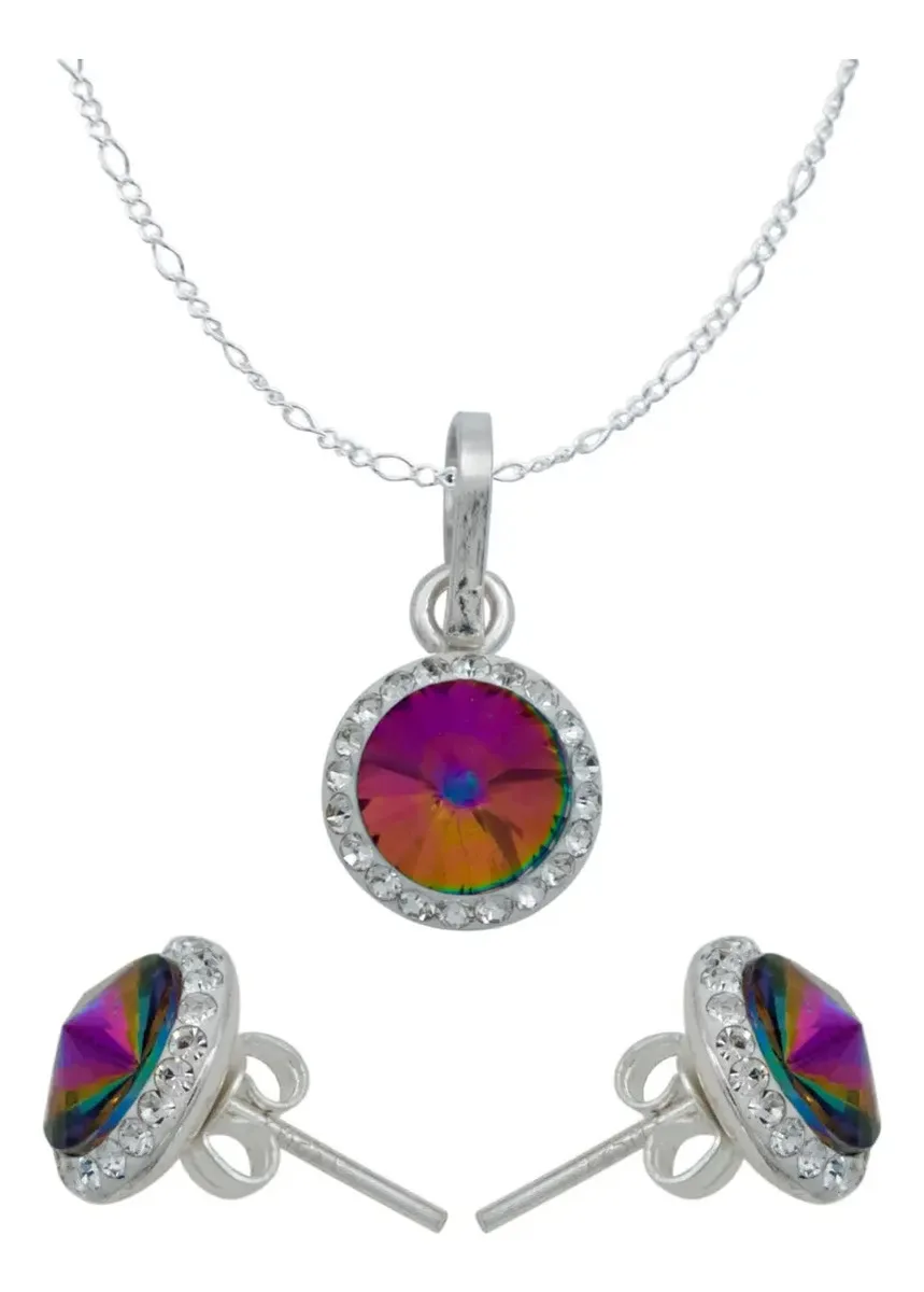 Juego de joyería de Plata 925 con dije aretes y cadena, cristales multicolor para mujer - Joyaris