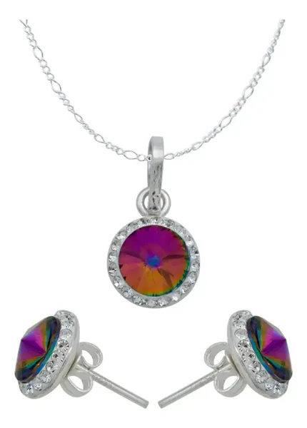 Juego de Joyería Dije Aretes Cadena Plata 925 Cristales Multicolor para Mujer - Imagen 1
