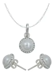 Juego de Joyería Plata 925 con Cristal Color Perla Aretes y Dije con Cadena - Imagen 1