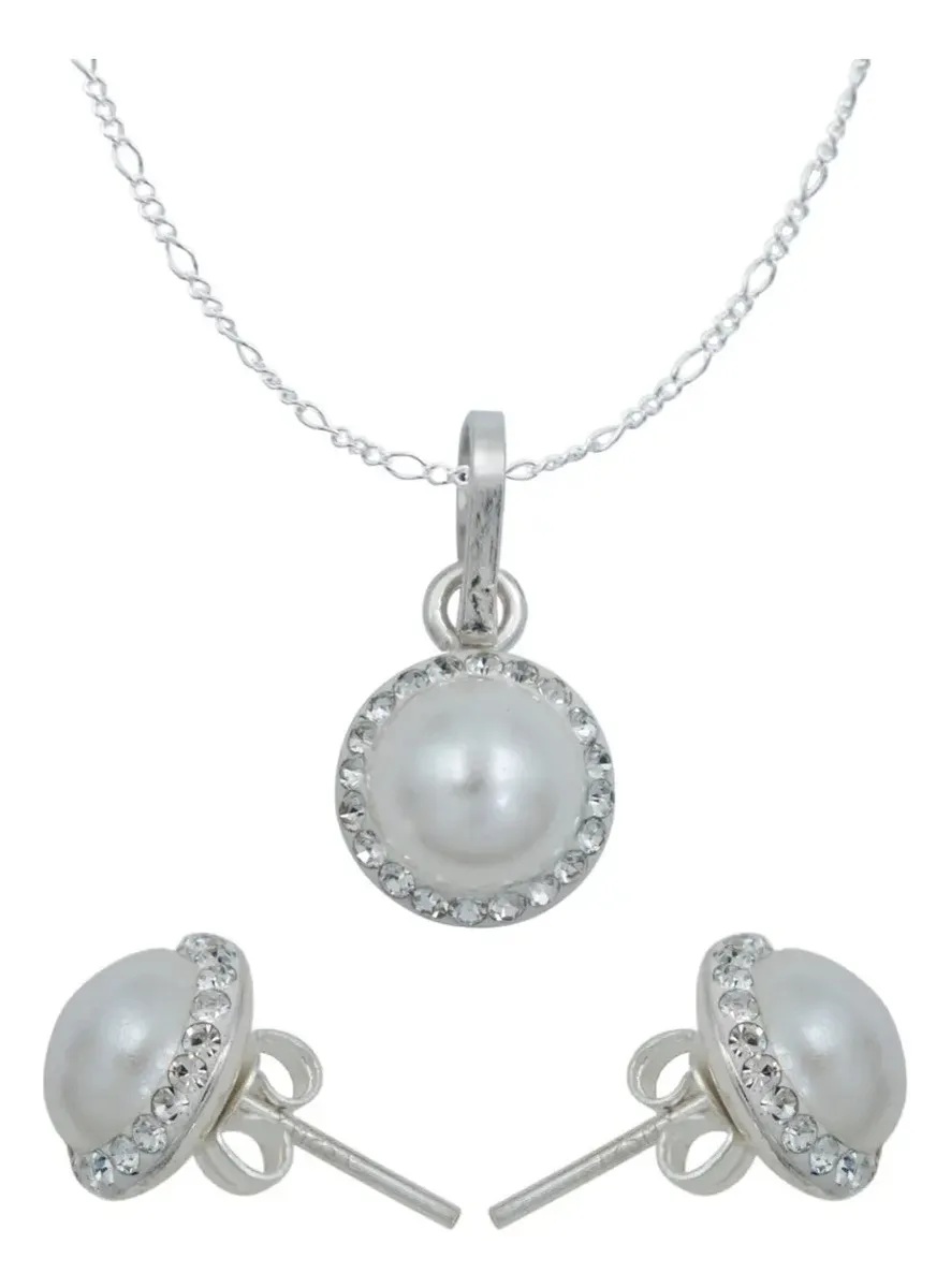 Juego de joyería plata 925 con dije, aretes y cadena de cristal color perla - Joyaris