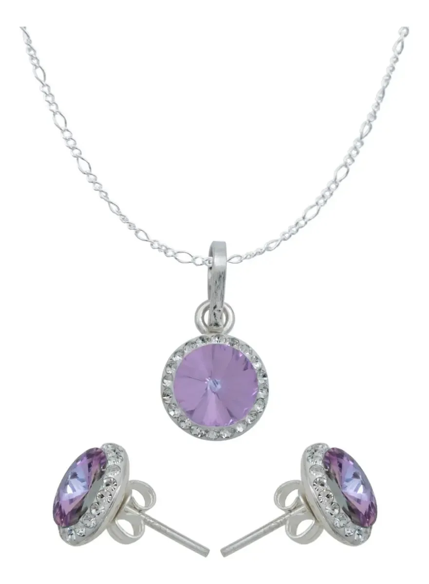 Juego dije y aretes de plata .925 con cristales violetas y cadena - Joyaris joyería fina artesanal