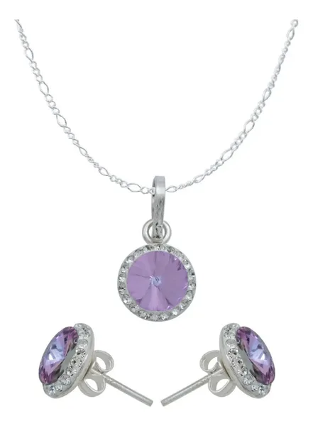 Juego de Joyería Plata .925 Dije Aretes con Cristales Violetas y Cadena - Imagen 1