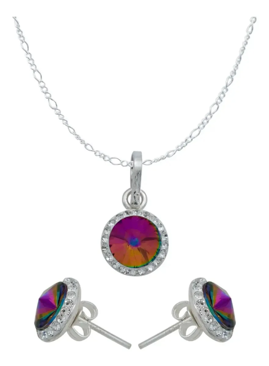 Juego Dije Aretes Cadena Plata 925 con Cristales Multicolor - Joyaris joyería fina mexicana