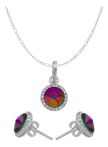 Juego Dije Aretes Cadena Plata 925 Cristales Multicolor - Imagen 1