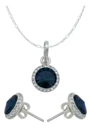 Juego Dije Aretes y Cadena Plata .925 Cristales Azules Mujer - Imagen 1