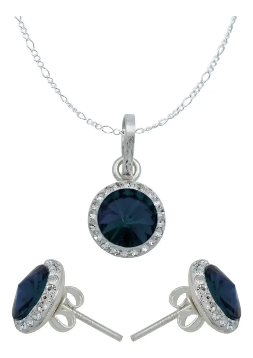 Juego de joyería plata .925 con dije, aretes y cadena de cristales azules para mujer - Joyaris joyería artesanal mexicana.