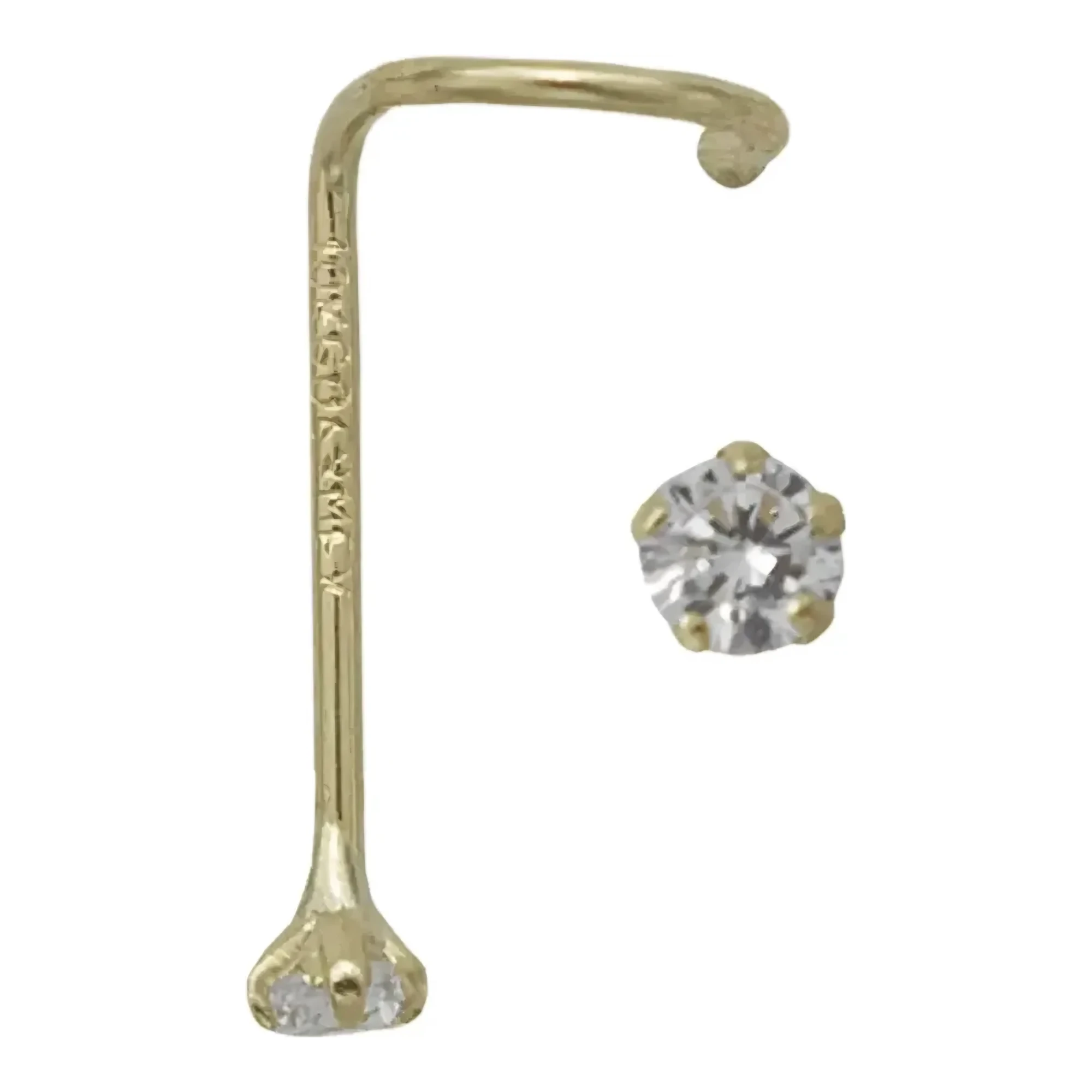 Piercing nariz curvo oro 10k nacional con zirconia blanca corte brillante, broquel para nariz oro diseño clasico a presion
