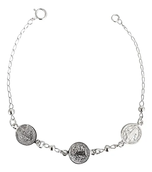 pulsera de plata .925 plateado 3 medallas San Benito ajustable — Joyaris