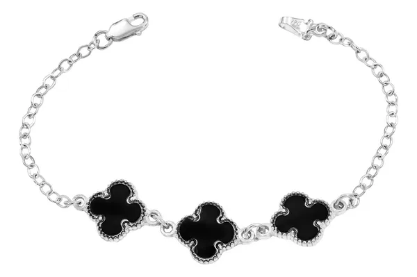 Pulsera Plata 925 Tres Tréboles Esmalte Negro Diseño Tejido Ancla 18cm - Imagen 1