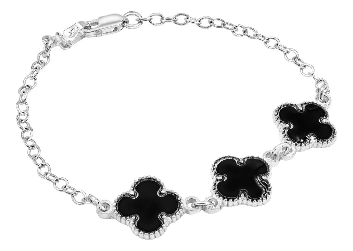 Pulsera Plata 925 Tres Tréboles Esmalte Negro Diseño Tejido Ancla 18cm - Imagen 1