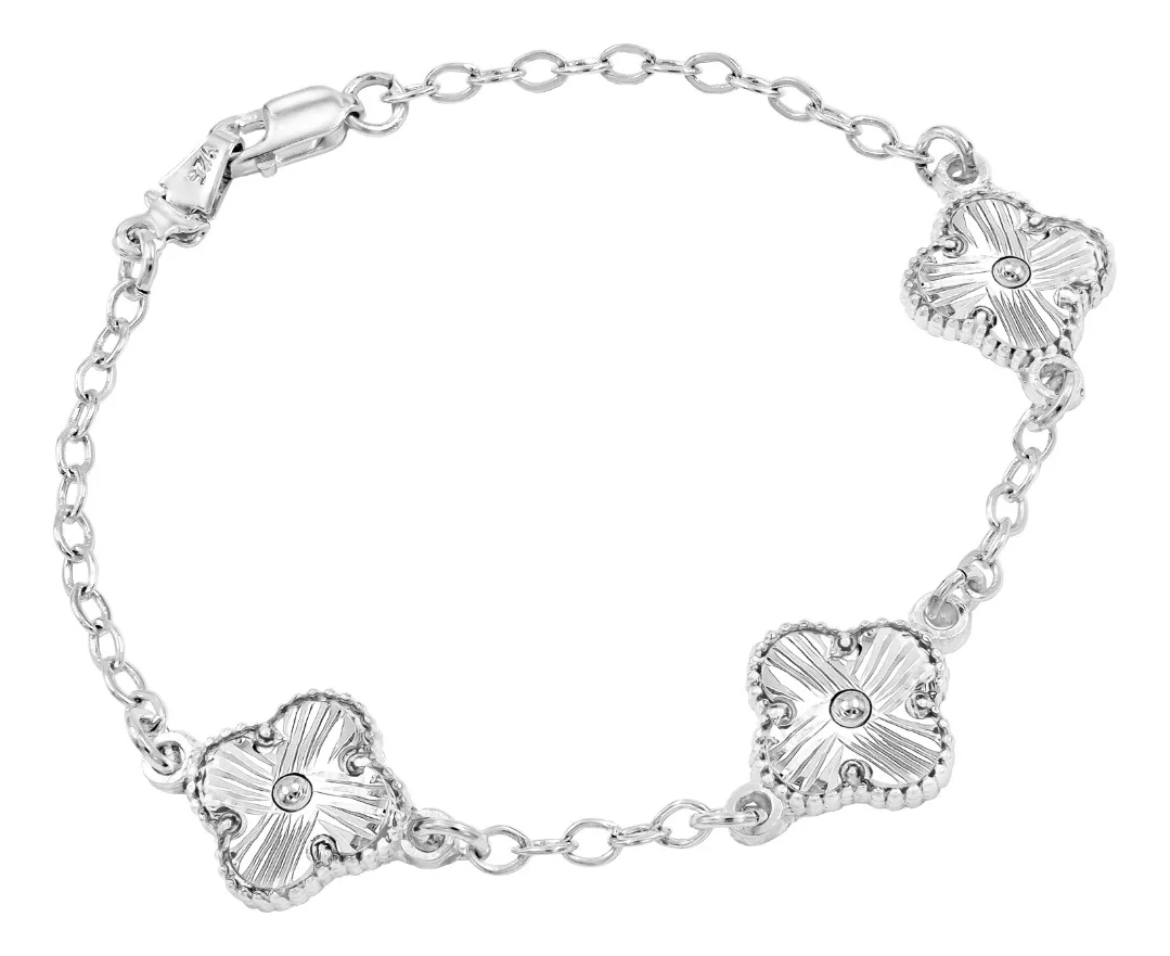 Pulsera Plata 925 Tréboles Facetados Cadena Barbada - Imagen 1