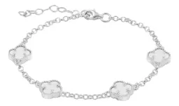 Pulsera Plata 925 Cinco Tréboles Blancos Cadena Ajustable - Imagen 2